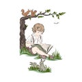 Boy reads book while sitting under tree